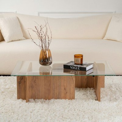 Table basse en verre déstructurée – base effet bois SALTA PIER IMPORT