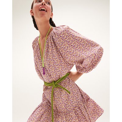 Vestido evasé, cuello redondo con mangas globo 3/4, estampado LA REDOUTE COLLECTIONS