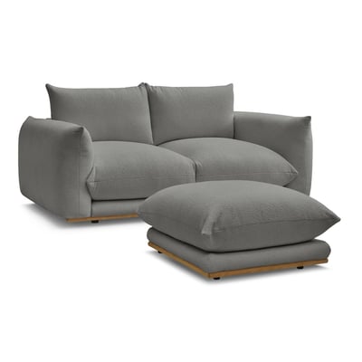 Canapé droit fixe 2 places en tissu bouclette avec pouf, ERNEST BOBOCHIC
