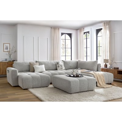 Canapé panoramique convertible 6 places en tissu chiné avec pouf, ARSENE BOBOCHIC