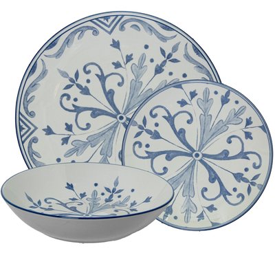 Service de 18 assiettes en porcelaine florale bleue: plates, creuses et à dessert WADIGA