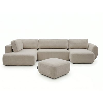 Canapé panoramique convertible 6 places en tissu texturé avec pouf, DENISE BOBOCHIC