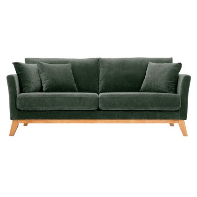 Canapé scandinave déhoussable 3 places en tissu velours côtelé beige et bois clair OSLO MILIBOO