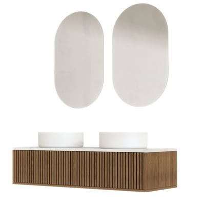 Meuble de salle de bain suspendu avec façade crantée, vasque(s) ronde(s) et miroir(s) ovales HOME MAISON