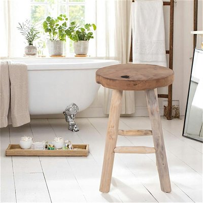 Tabouret rond en bois de teck avec 4 pieds - style campagne ARIZONA PIER IMPORT