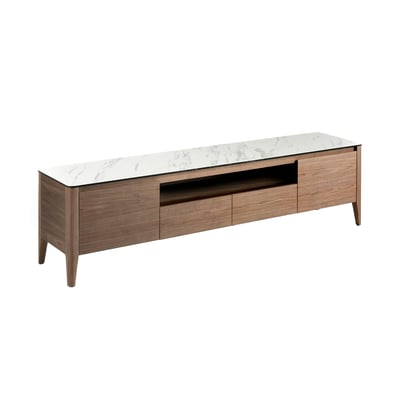 Meuble TV en noyer avec plateau en verre imitation marbre ANGEL CERDA