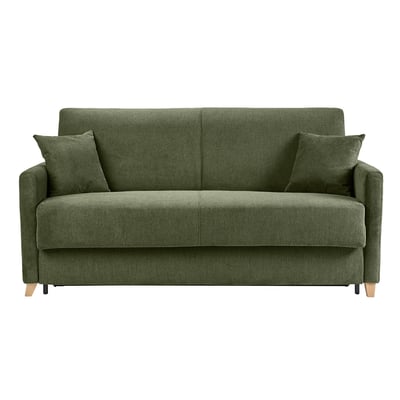 Canapé convertible 3 places en tissu chenille vert foncé et bois clair avec matelas 18 cm SKANDY MILIBOO