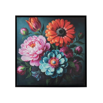 Toile bouquet fleurs XL en velours cadre noir 80x80 cm AMADEUS
