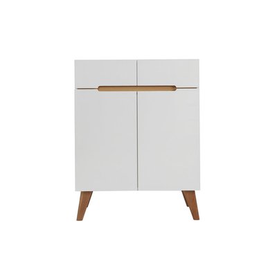 Buffet scandinave blanc brillant et finition bois clair 2 portes 2 tiroirs L80cm MELKA MILIBOO