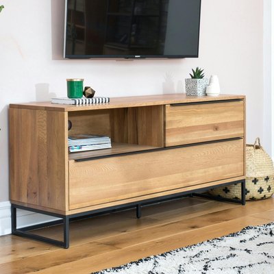 Meuble TV 145cm en chêne massif clair style contemporain niches de rangement VOLGA PIER IMPORT