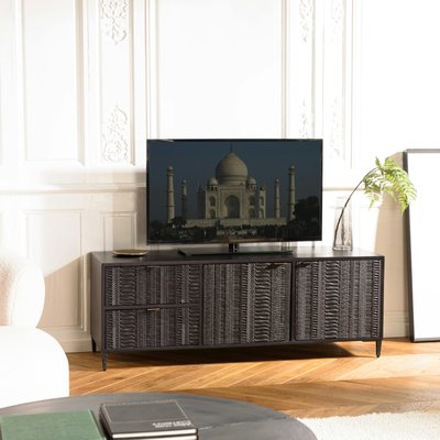 Meuble TV 2 tiroirs 2 portes motifs sculptés bois noir SURATE PIER IMPORT