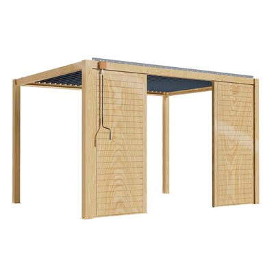 Pergola bioclimatique autoportée 3 x 4 m en aluminium décor bois avec 1, 2 ou 3 claustras, CORATO OVIALA
