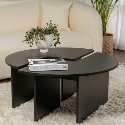 Table basse ronde noire effet bois - design puzzle MARFA PIER IMPORT