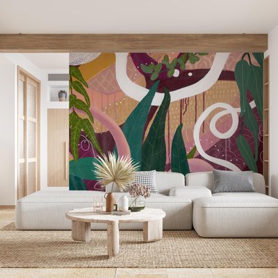 Papier peint panoramique d'une peinture avec plantes tropicales - 255x260 cm (l x h) LA TOUCHE ORIGINALE