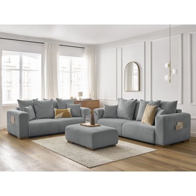 Canapé droit fixe 6 places en tissu chiné avec pouf, SIDONIE BOBOCHIC