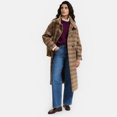 Manteau à carreaux col montant, en laine, double boutonnage LA REDOUTE COLLECTIONS