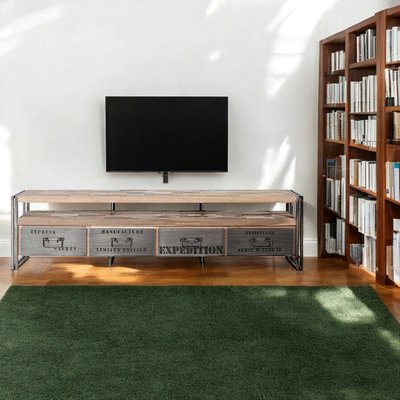 Meuble TV 208cm bois recyclé et métal 4 tiroirs 1 niche style industriel CARAVELLE PIER IMPORT