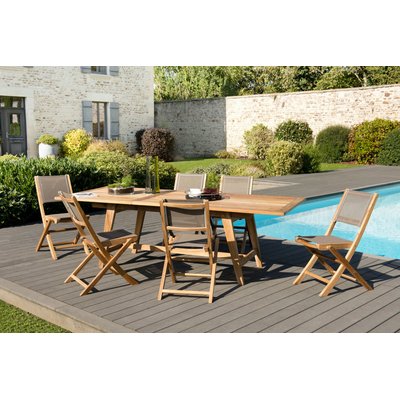 Salon de jardin bois de teck table de jardin pieds tréteaux 180x100cm + 6 chaises pliantes textilène SUMMER PIER IMPORT