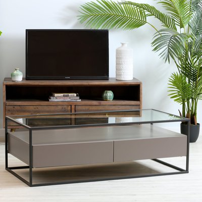 Table basse de salon plateau en verre 120x60cm structure métal tiroirs en bois style contemporain TORONTO PIER IMPORT