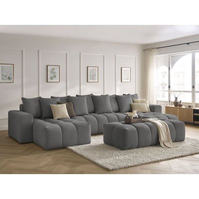 Canapé panoramique fixe 6 places en tissu chiné avec pouf, MONT-BLANC BOBOCHIC