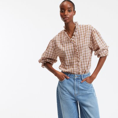 Camisa aos quadrados, gola vitoriana, mangas compridas LA REDOUTE COLLECTIONS