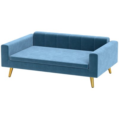 Canapé chien style art déco - coussin - acier doré velours bleu PAWHUT