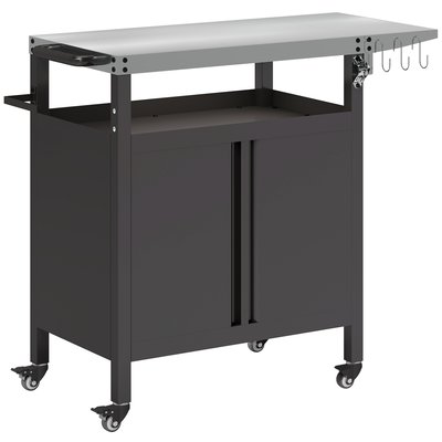 Desserte de jardin plancha barbecue - 2 portes, tablette pliable, 3 crochets - acier noir OUTSUNNY