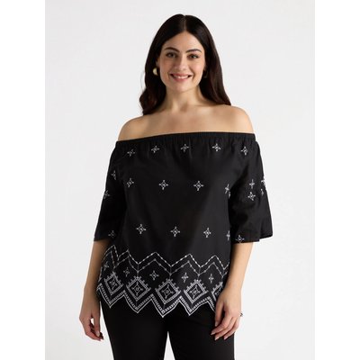 Blouse ethnique à large encolure épaules dénudées extensible, broderie contrastante, feston dans le bas FIORELLA RUBINO