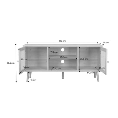 Meuble TV scandinave cannage 2 portes 120cm BOHÈME SWEEEK