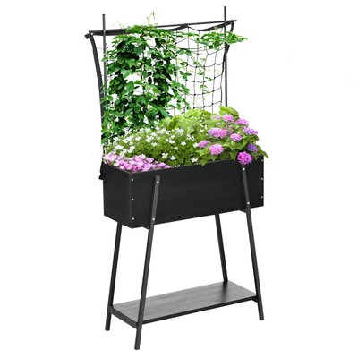 Jardinière sur pieds avec treillis filet - étagère - métal époxy sapin noir OUTSUNNY