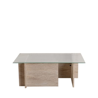 Table basse en verre trempé et effet travertin- CUBIX II DRAWER