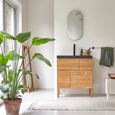 Meuble salle de bain en chêne massif et pierre de lave 80 cm EASY TIKAMOON