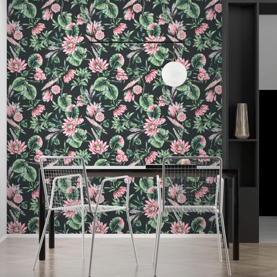 Papier peint plantes à fleurs de lotus noirs - 255x260 cm (l x h) LA TOUCHE ORIGINALE