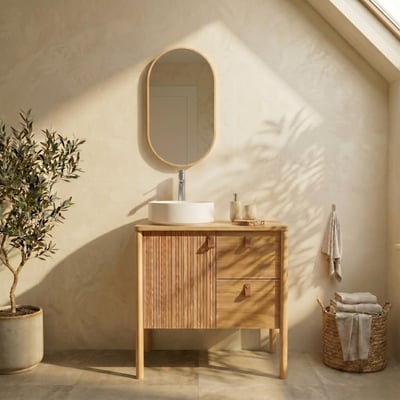 Meuble chêne 80cm sur pieds, vasque, robinet et miroir ovale JOY MOB IN