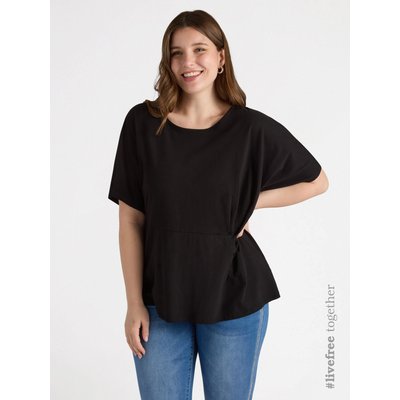 T-shirt avec plis sur les côtés et découpe à la taille, manches courtes larges et col bateau à fermer dans le dos par un bouton FIORELLA RUBINO