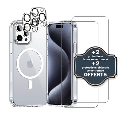 Coque Anti-choc compatible Magsafe pour iPhone 15 Pro Max Transparente + 2 protections écran et 2 protections objectif caméra EVETANE