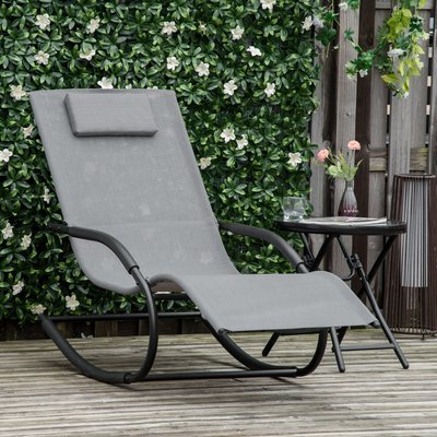 Chaise longue à bascule design acier noir textilène gris OUTSUNNY