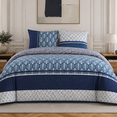 Parure de lit en percale de coton motif feuilles et graphiques, TOMY ATELIER DU COTON