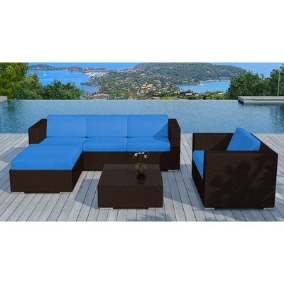 Salon de jardin en résine canapé d'angle + fauteuil tissu bleu + table basse PIER IMPORT