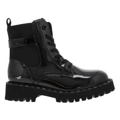 Bottines noires vernis à talon décroché bas avec des lacets plats et un zip MUSTANG