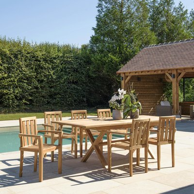 Salon de jardin teck brut table pieds en croix 180/240 + 6 fauteuils SUMMER PIER IMPORT