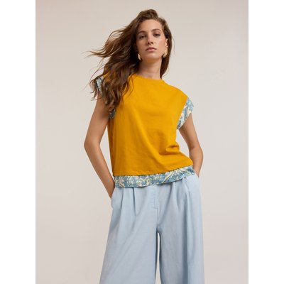 T-shirt en jersey de coton stretch avec bords en satin imprimé MOTIVI