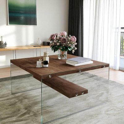 Table basse verre et bois - plateaux bruns suspendus LHASA PIER IMPORT