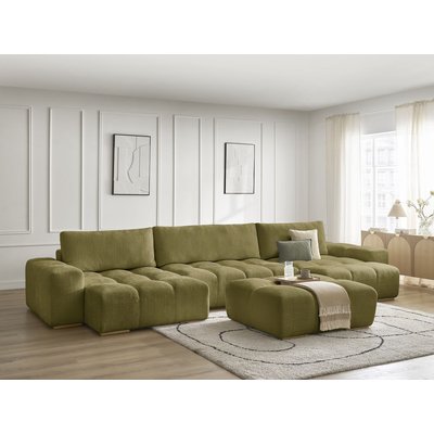 Canapé panoramique convertible 6 places en tissu texturé avec pouf, ANAKIN BOBOCHIC
