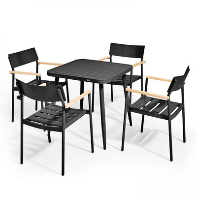 Salon de jardin table carrée et 4 fauteuils en aluminium/bois, BRISTOL OVIALA