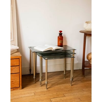 Table gigogne en verre fumé Barbara N°194 - Bon état DEBONGOUT