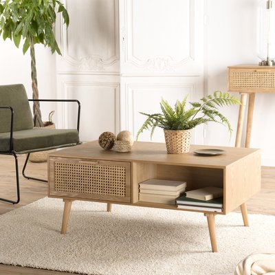 Table basse 100x60cm en bois et tiroir cannage en rotin style vintage PALMA PIER IMPORT