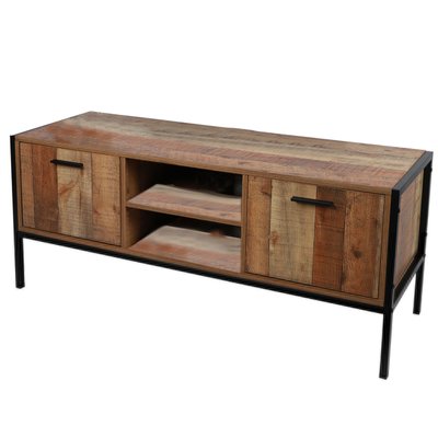 Meuble de Télévision Métal Noir et Bois 2 Portes + 2 Étagères WADIGA