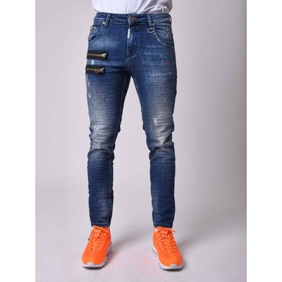 Jean skinny fit délavage bleu tacheté  zips apparent côté PROJECT X