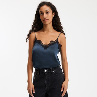 Satin V-Neck Cami with Lace Detail and Shoestring Straps LA REDOUTE COLLECTIONS